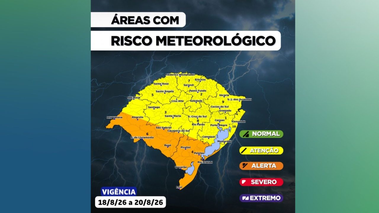 Alerta de temporais e granizo na Costa Doce vai até quinta-feira no RS