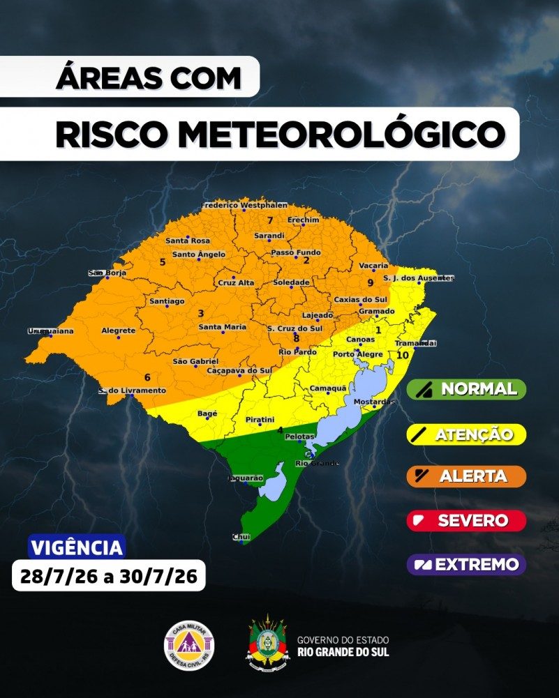 Defesa Civil emite alerta de tempestades severas na Zona Sul e no interior gaúcho
