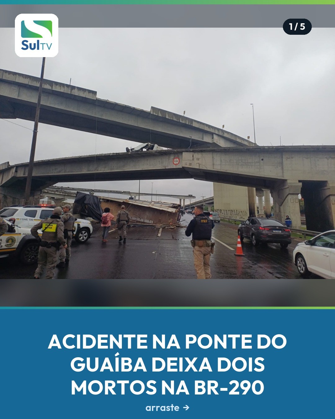 Dois homens morreram após um caminhão-trator e o semirreboque acoplado caírem da Ponte Nova do Guaíba, na BR-290, na ta…