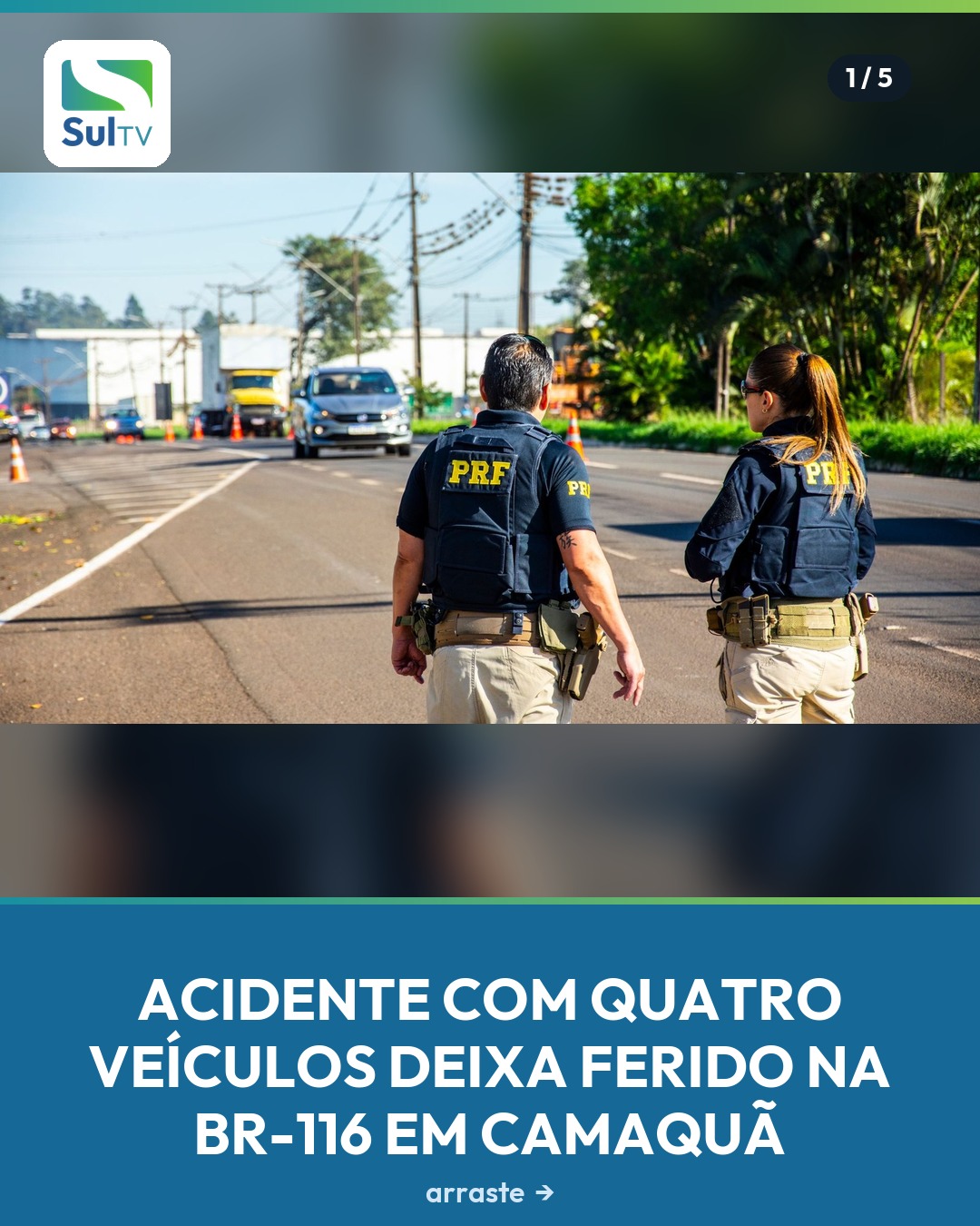 Acidente com quatro veículos deixa uma pessoa ferida na BR-116, entre Camaquã e Tapes.