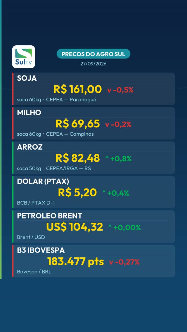Arroz sobe 0,8% e fecha a R$ 82,48 — Preços do Agro Sul 27/09