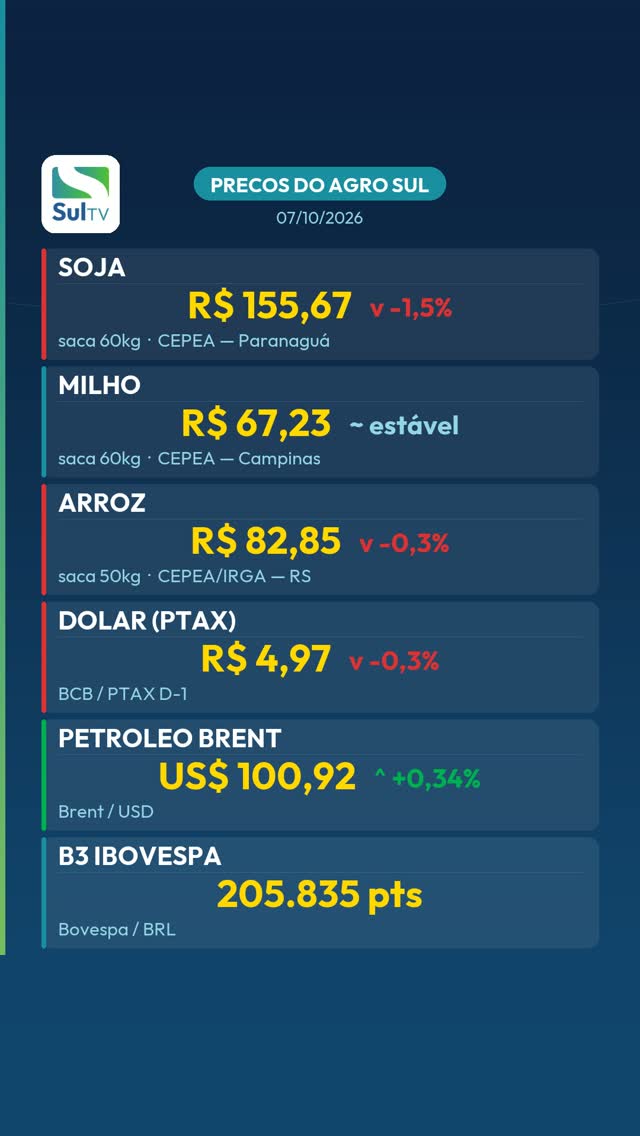 Soja cai 1,5% e fecha a R$ 155,67 — Preços do Agro Sul 07/10